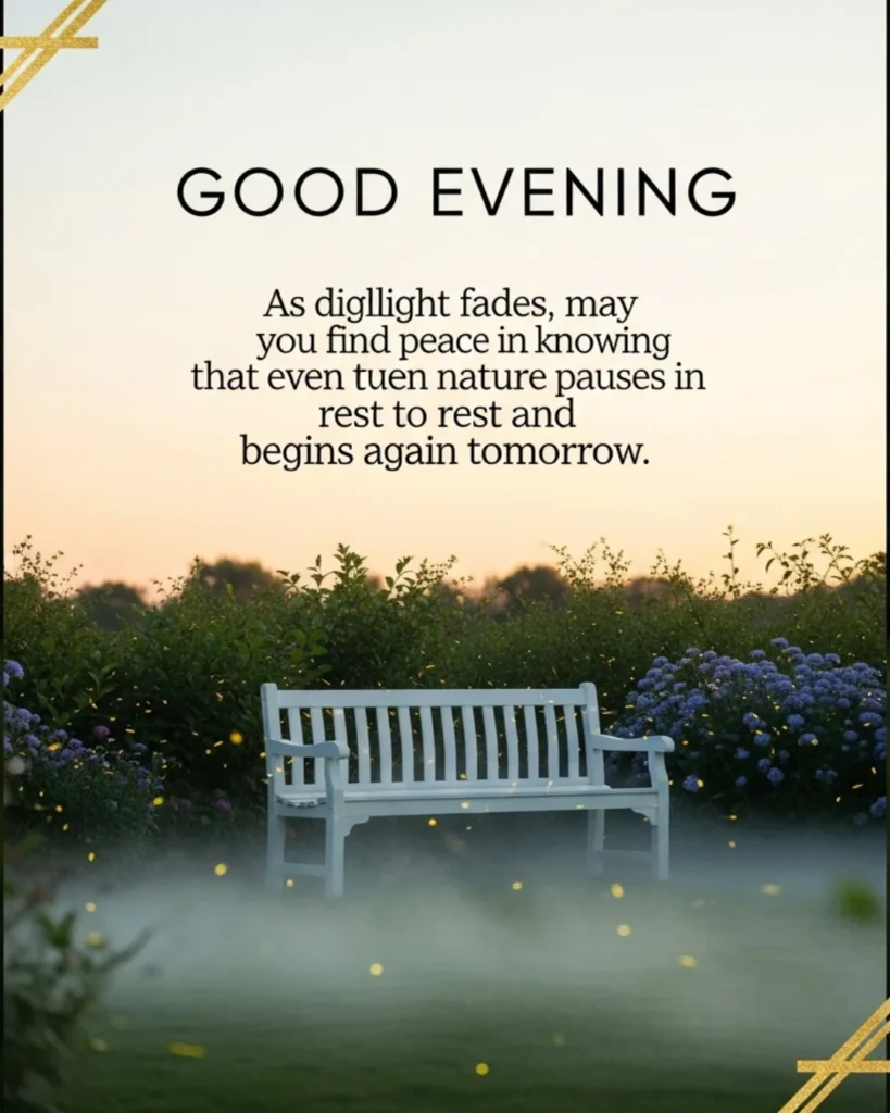 Beautiful good evening blessings image with garden bench at dusk, white roses, glowing lantern, fireflies, and twilight sky