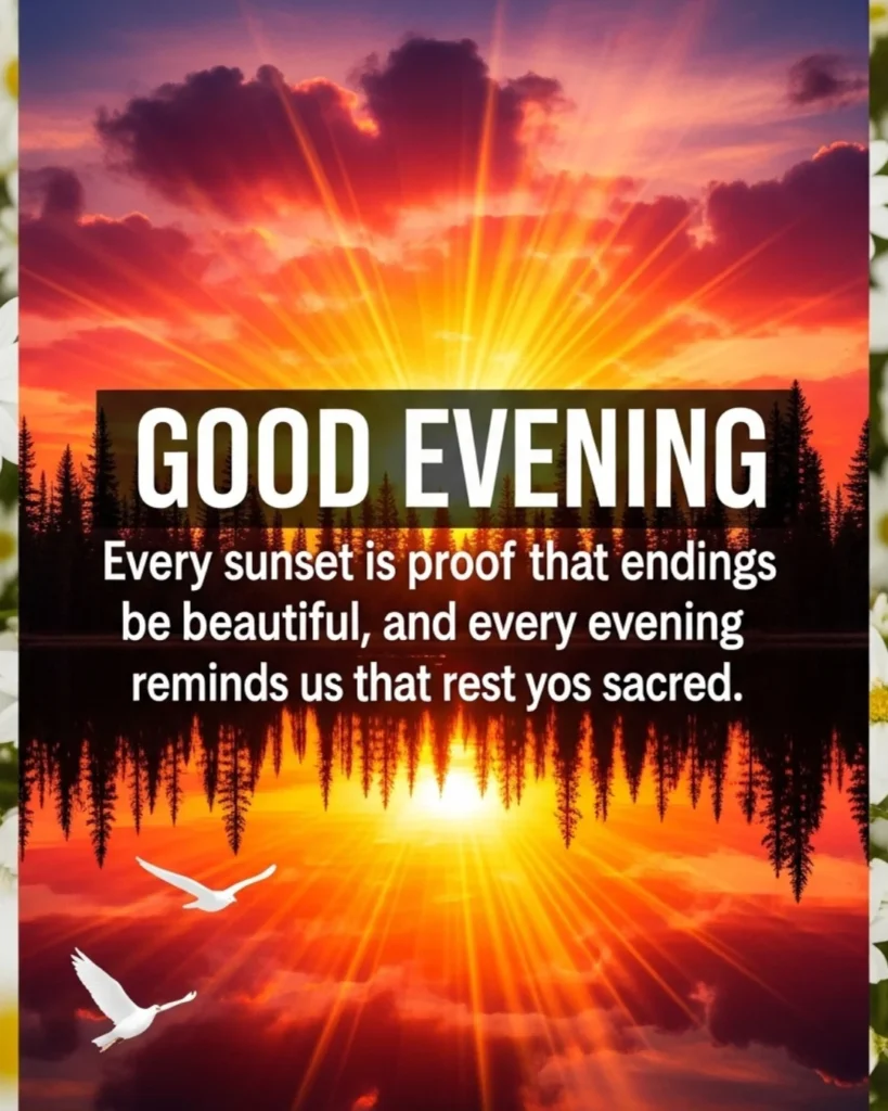 Beautiful good evening blessings image with golden sunset, reflective lake, silhouette trees, and white birds flying