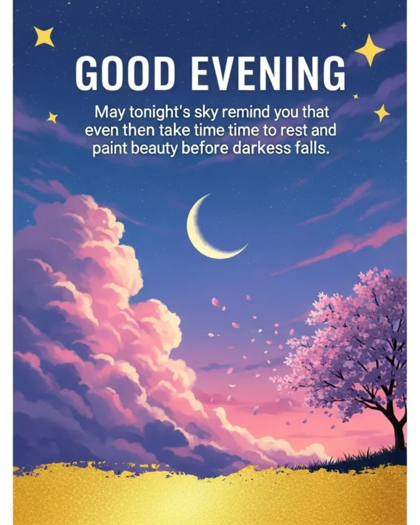 Beautiful good evening blessings image with twilight sky, cherry blossom tree silhouette, floating petals, and crescent moon