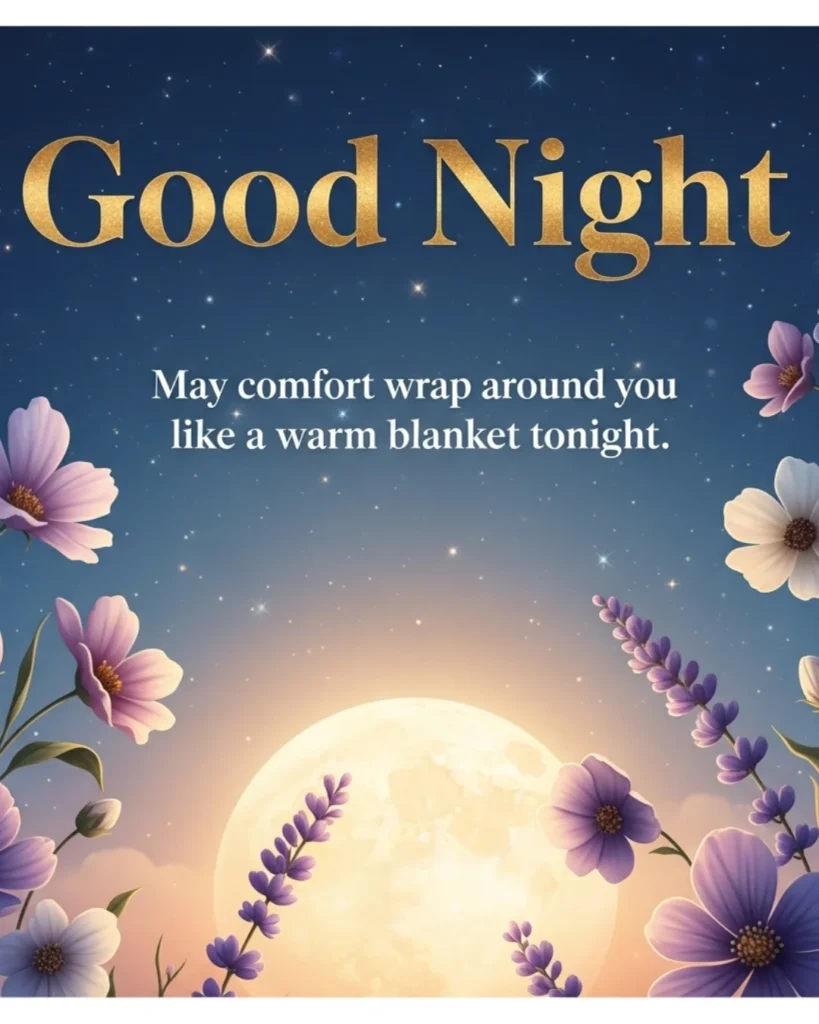 Beautiful good night blessings card with moonlit sky and soft floral decoration