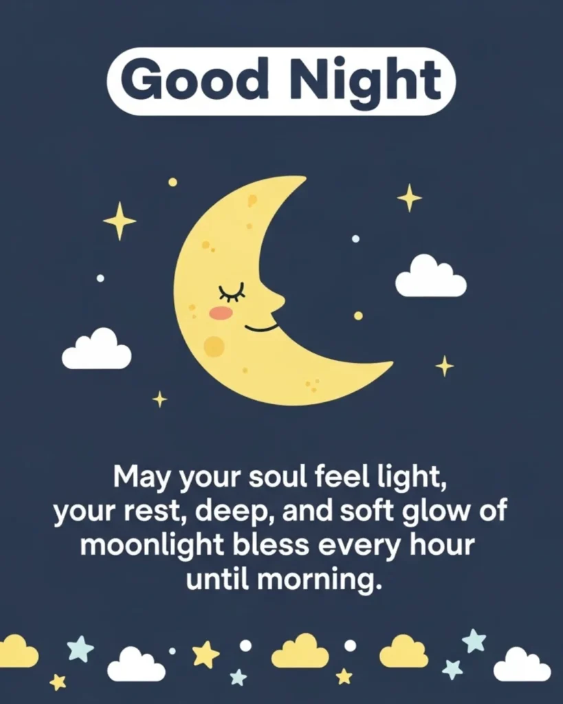 Cute good night blessings card with cartoon crescent moon, twinkling stars, and pastel accents