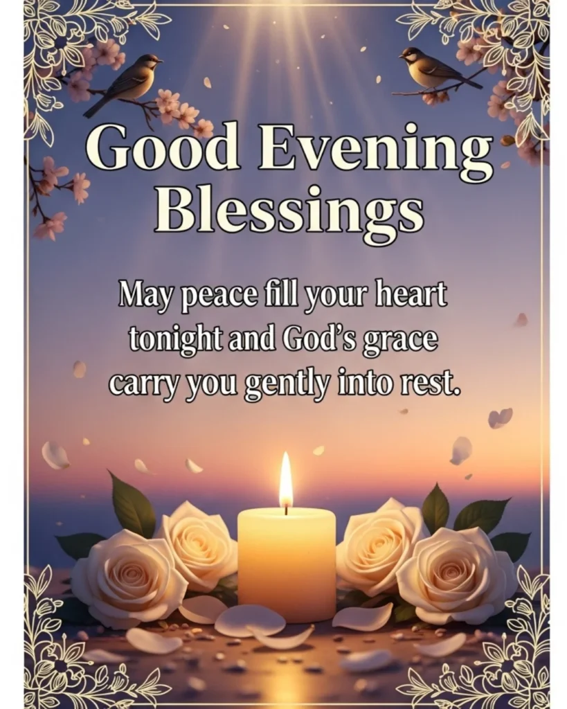 Good evening blessings and prayers quote card with candle, white roses, and soft twilight sky background