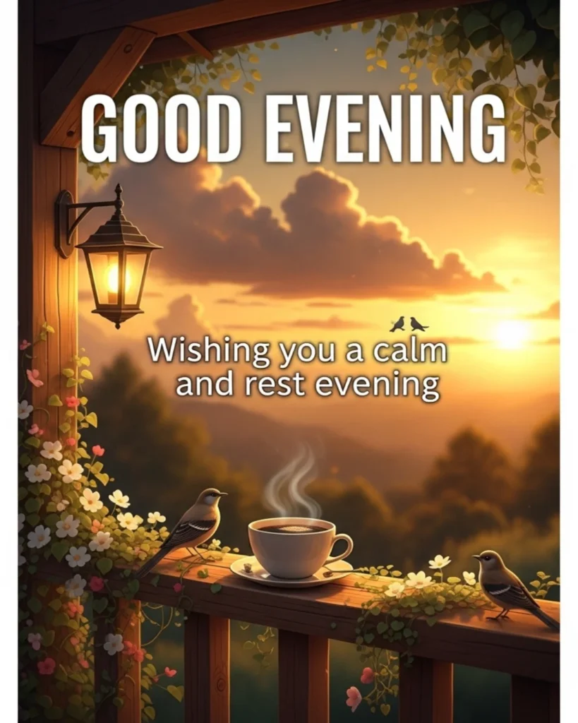 Good evening greetings card with porch scene, steaming coffee cup, white flowers, birds, and golden sunset background