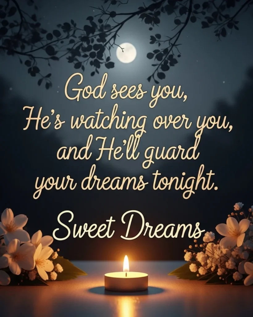 Good night blessings and prayers card with twilight sky and warm candlelight glow