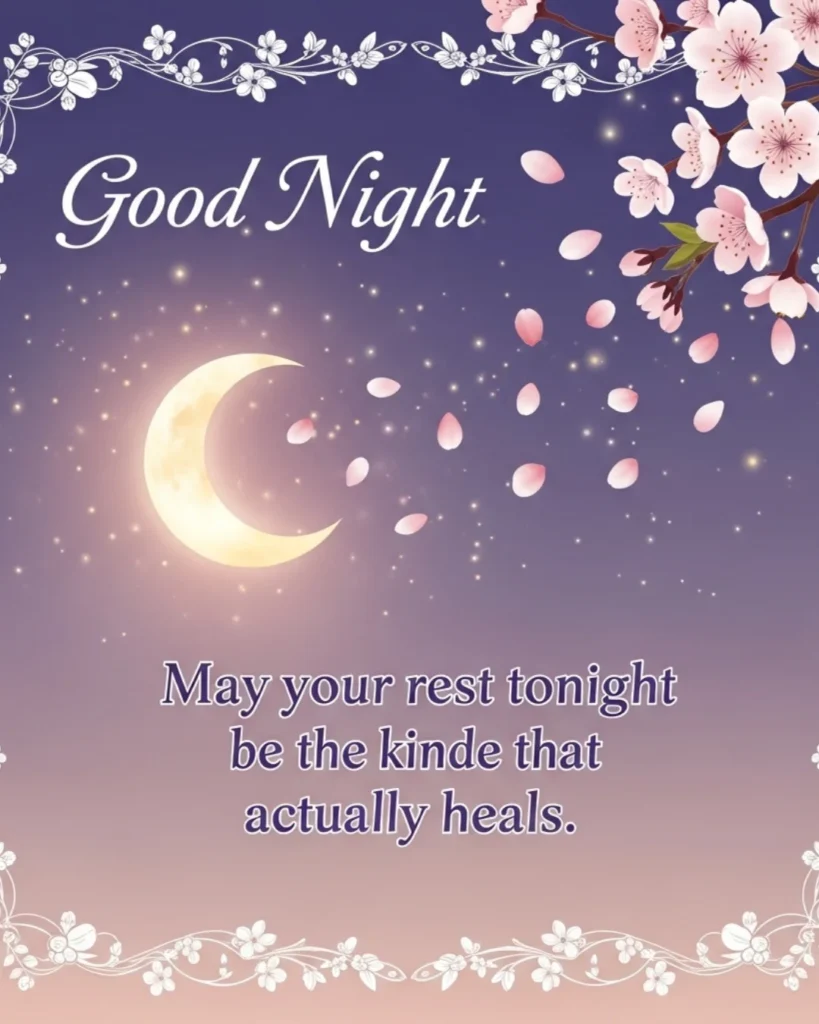 Good night blessings for her card with lavender tones, cherry blossoms, and crescent moon
