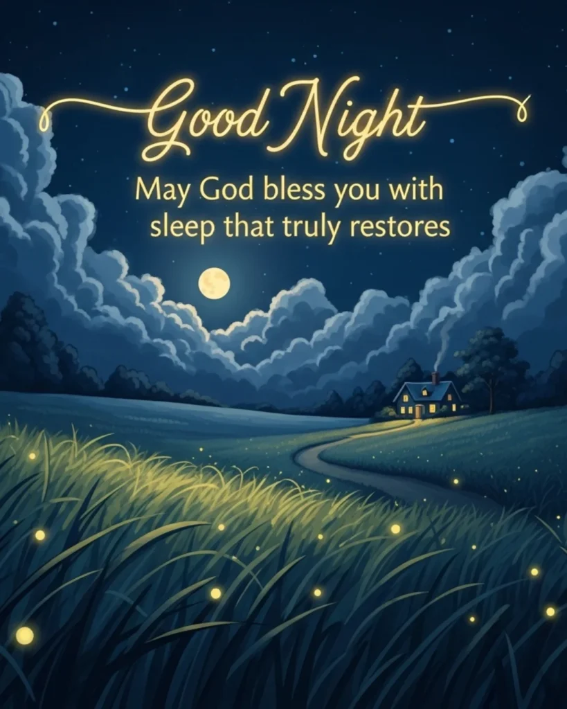 Good night blessings image with moonlit field fireflies and glowing cottage