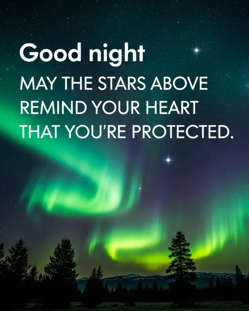 Good night blessings image with northern lights aurora sky and tree silhouettes