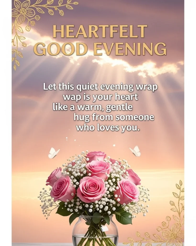 Heartfelt good evening blessings card with pink roses, butterflies, and warm golden sunset background