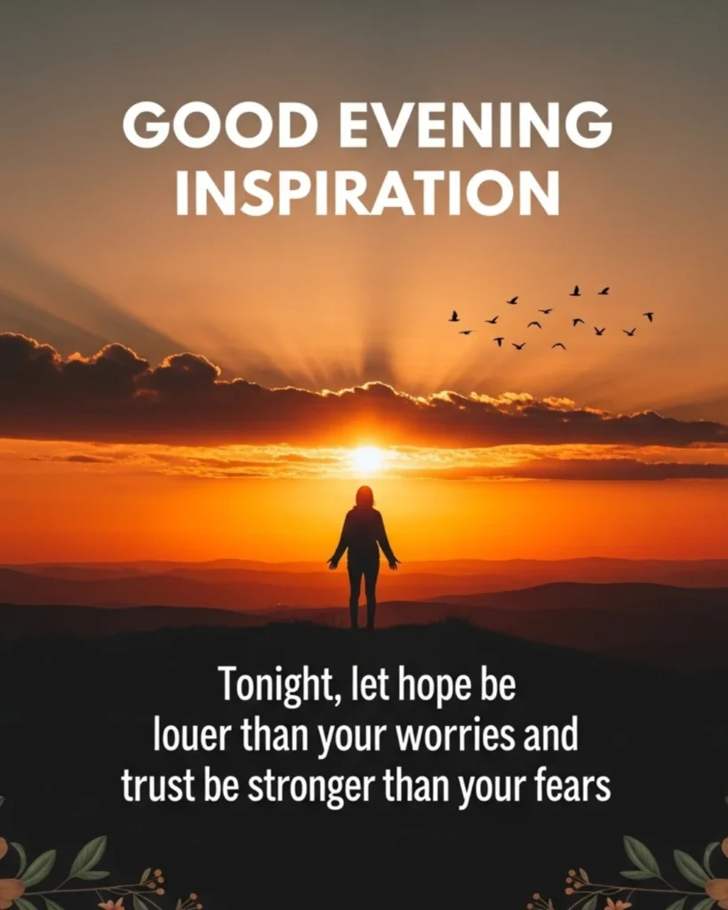 Inspirational good evening blessings quote card with sunset silhouette, light rays, and birds against golden sky