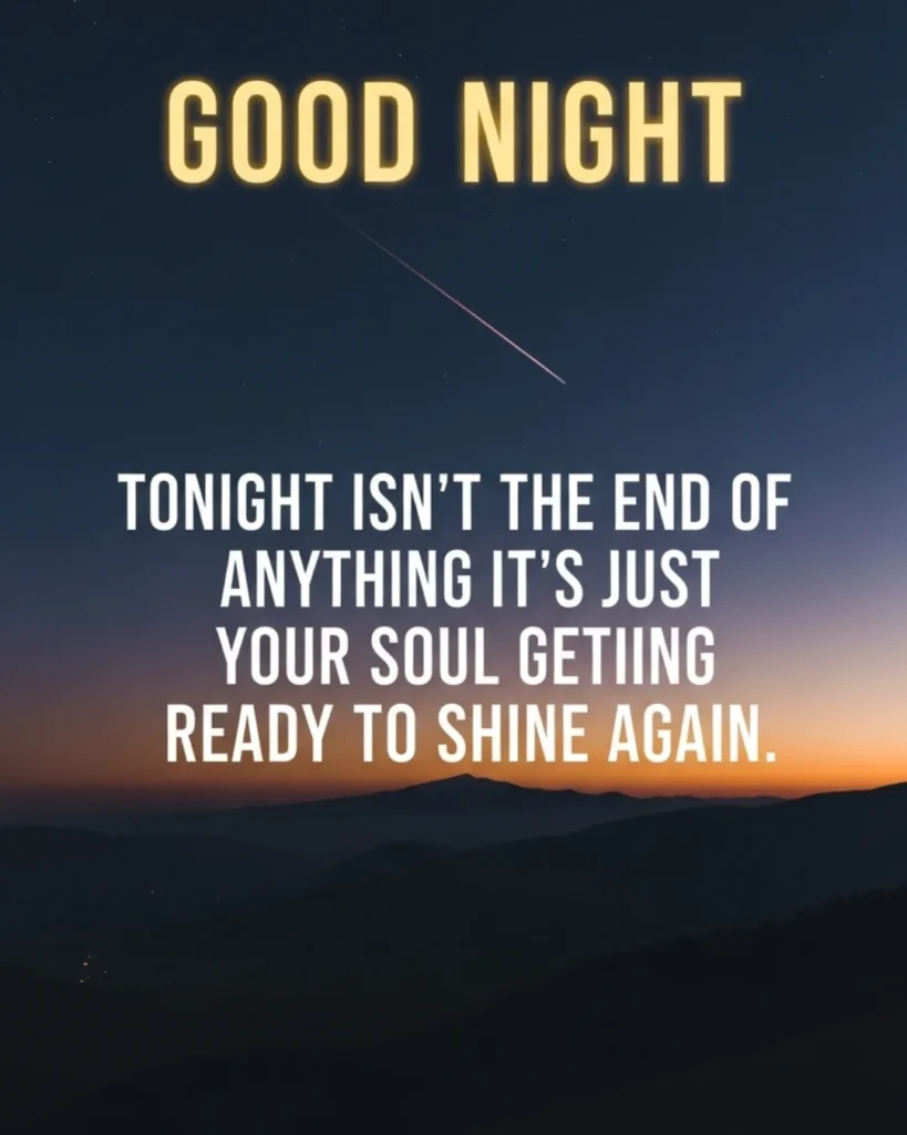 Inspirational good night blessings card with indigo sky, golden horizon, and shooting star