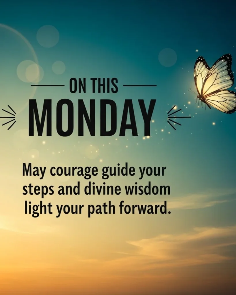 Teal and gold gradient card with flying butterfly and inspirational Monday blessing message
