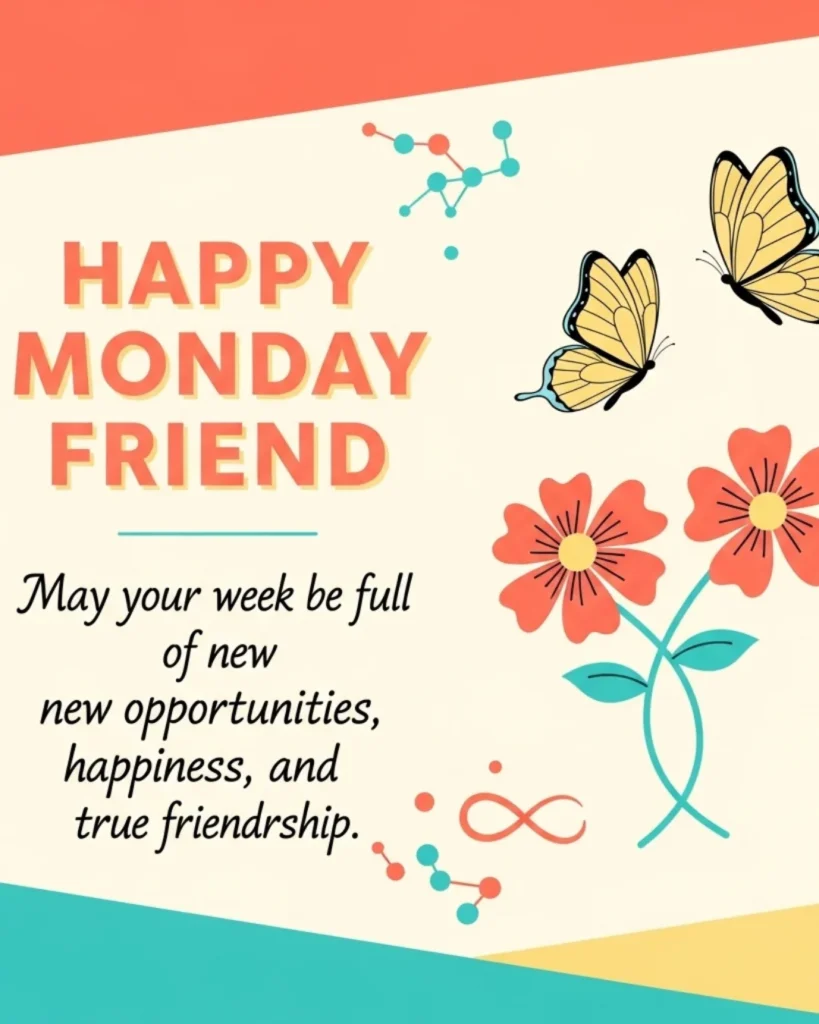 Coral and turquoise card with two butterflies and friendship Monday blessing message