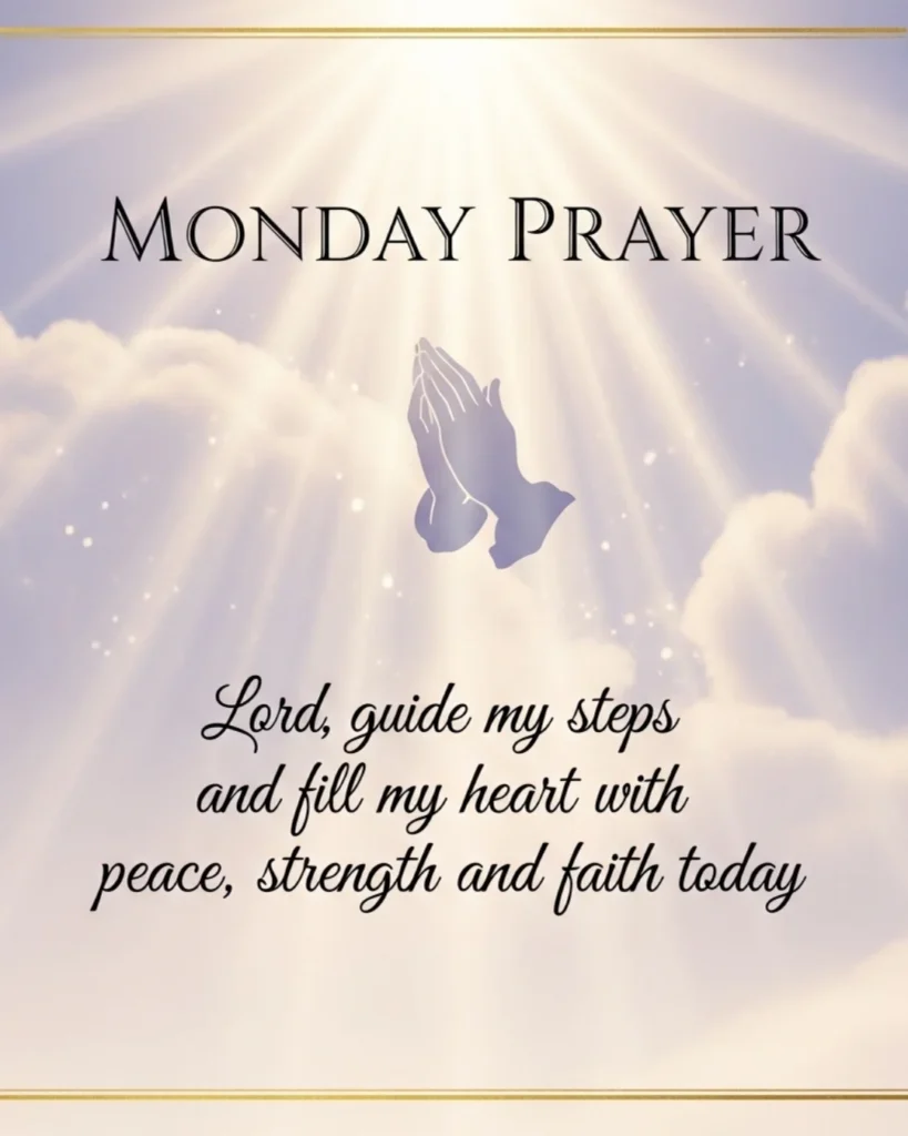 Soft purple and cream prayer card with descending light rays and Monday prayer blessing text