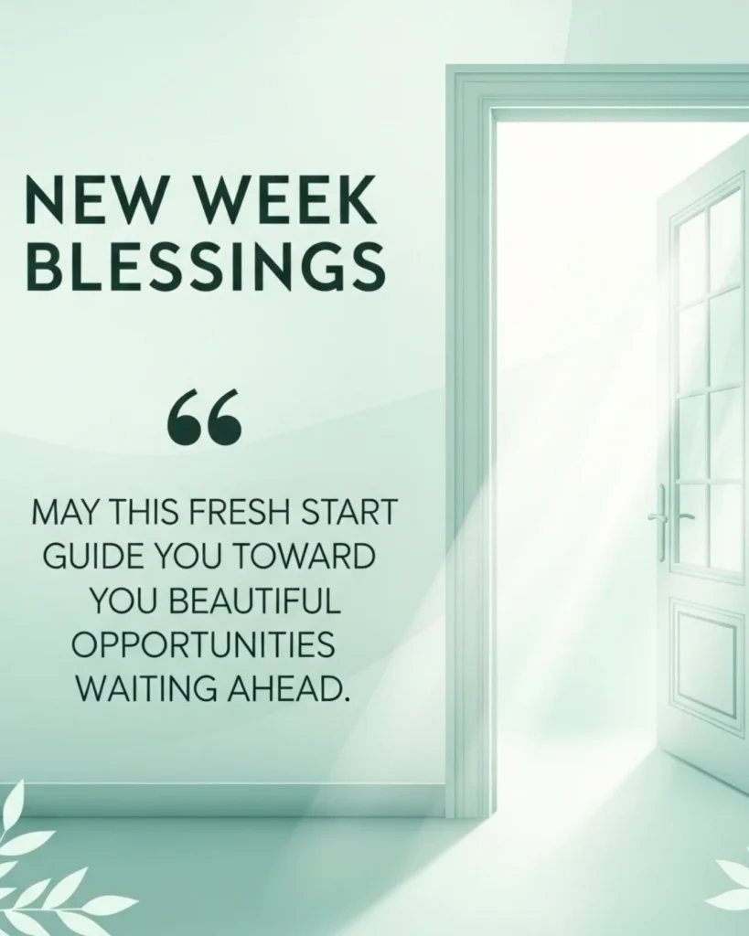 Mint green card with open doorway, light rays, and new week blessing text on soft background
