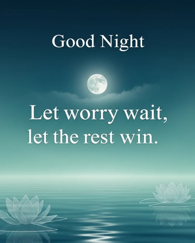 Peaceful good night blessings card with teal sky, moonlit water reflection, and lotus accents