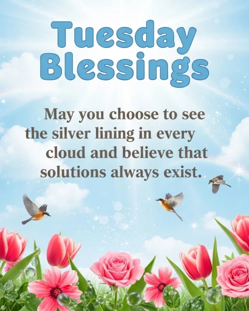 Positive Tuesday blessings card with sunshine, silver-lined clouds, and uplifting quote about optimism and solutions