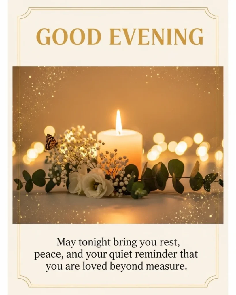 Short good evening blessings card with single glowing candle, white flowers, gold sparkles, and warm cream background