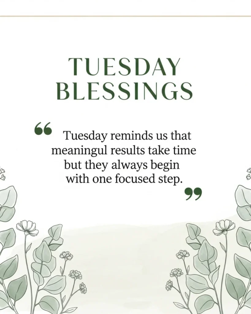 Short Tuesday blessings card with minimalist eucalyptus design and inspirational quote about meaningful progress