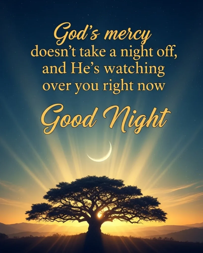 Spiritual good night blessings card with golden stars and divine light rays on navy background