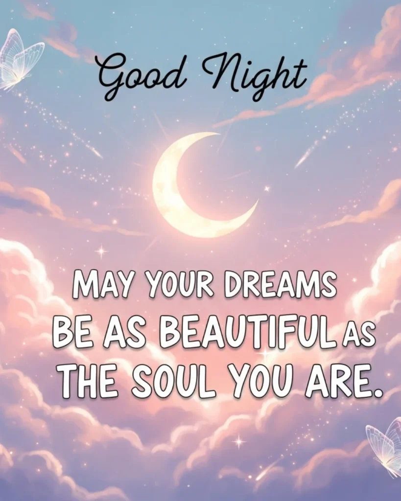 Sweet dreams good night blessings card with pastel sky, clouds, stars, and butterfly accents