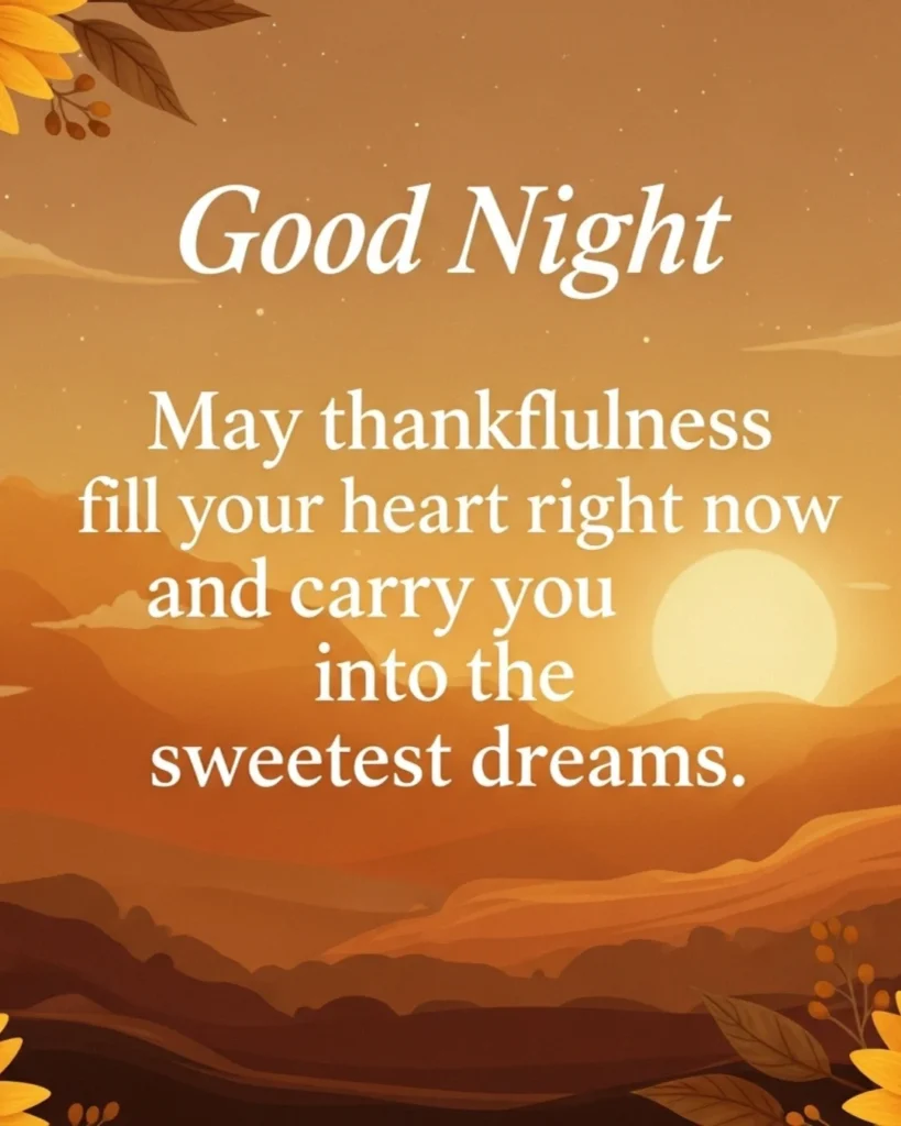 Thankful good night blessings card with golden twilight sky and autumn leaf accents