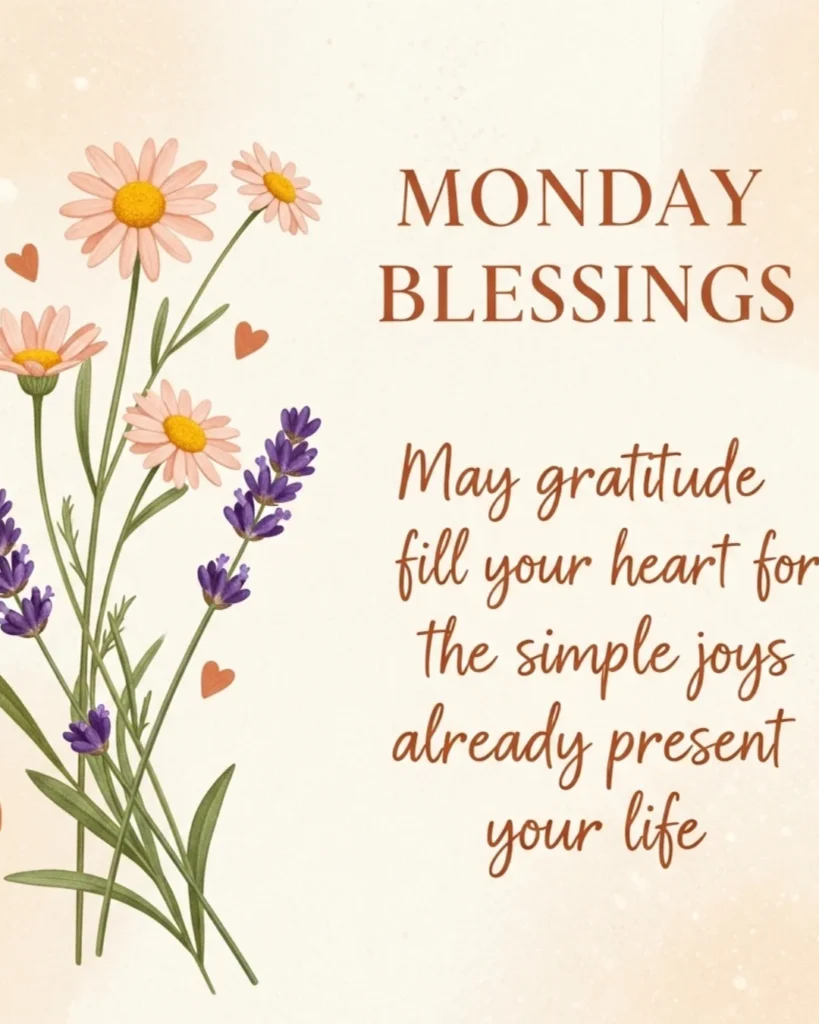 Peach and cream card with watercolor wildflower vase and thankful Monday blessing text