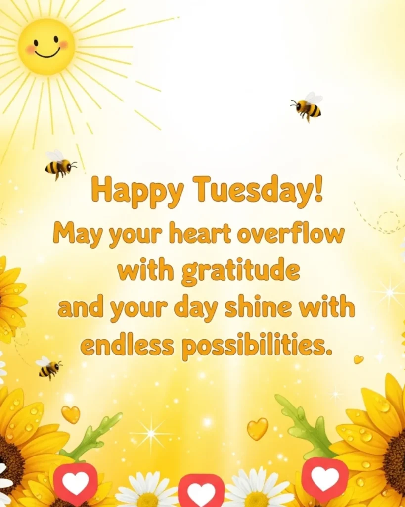 Happy Tuesday blessings image with sunflowers and uplifting blessing quote