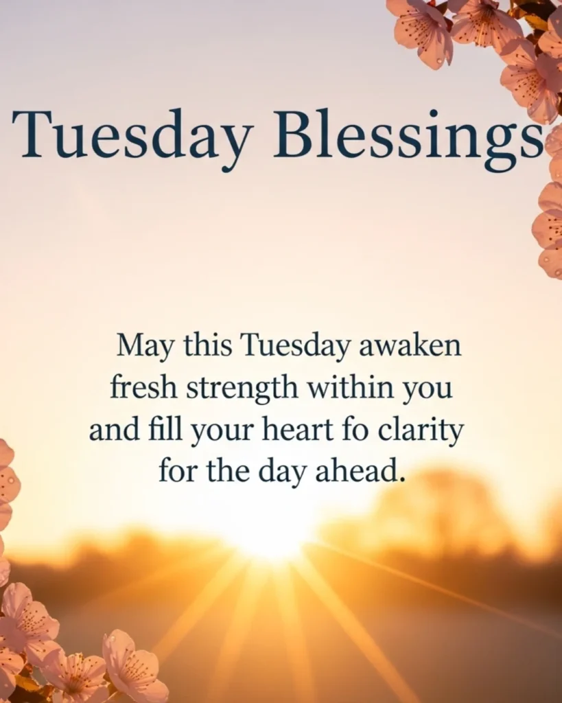 Tuesday morning blessings card with sunrise, flowers, and inspirational quote about fresh strength and clarity