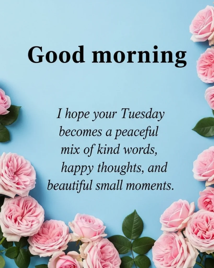 Tuesday morning messages card with breakfast coffee scene and heartfelt message about sending warm Tuesday wishes