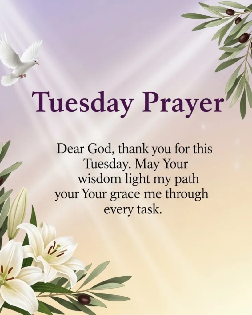Tuesday prayers and blessings card with praying hands, lilies, and heartfelt prayer for divine guidance and peace