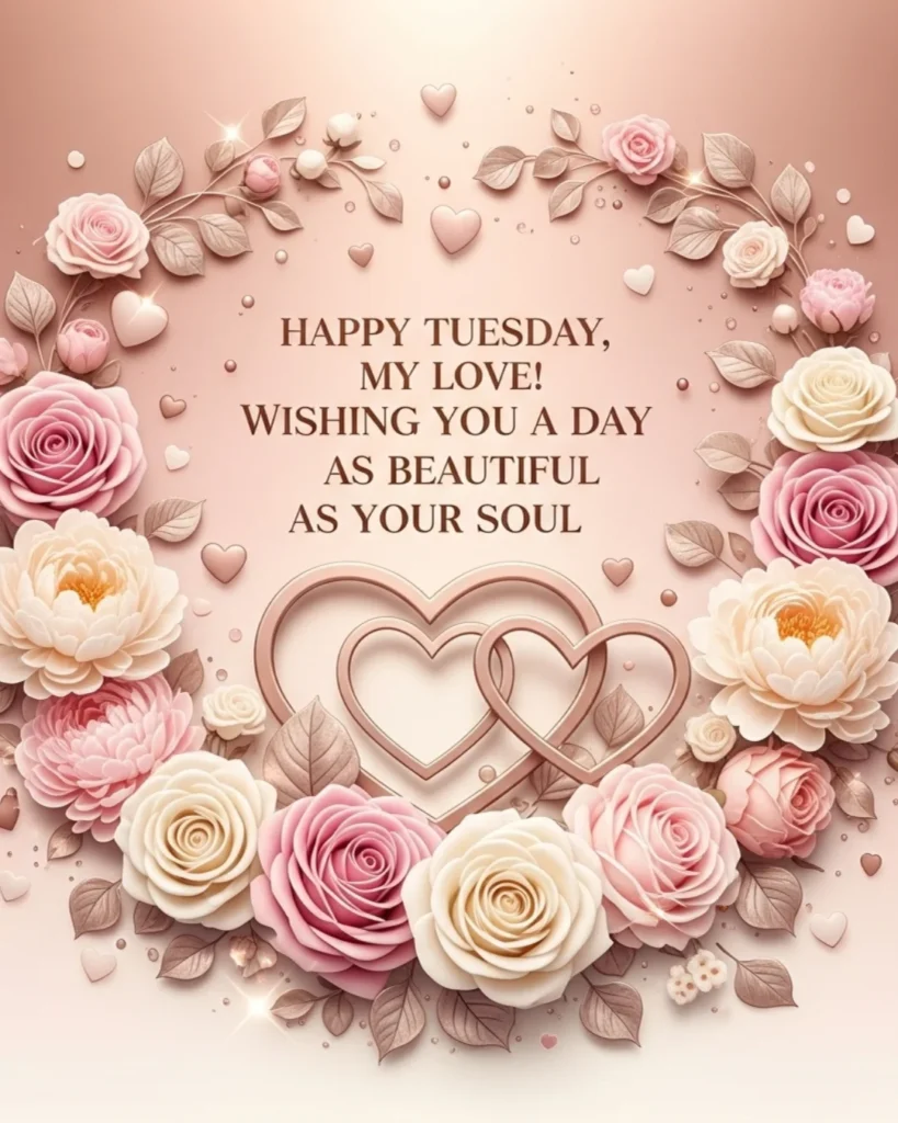 Tuesday wishes for partner card with romantic couple illustration, roses, and loving message about cherishment and devotion