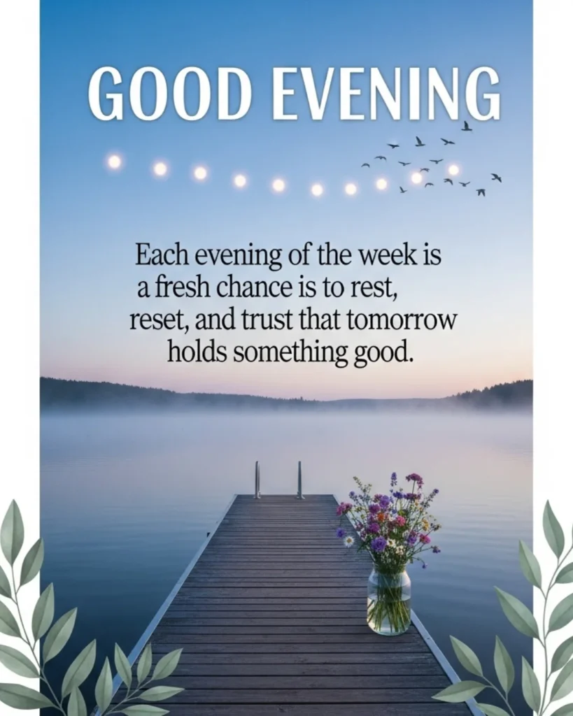 Weekly evening blessings card with calm lake at dawn, wooden dock, wildflowers, birds, and soft pastel sky background