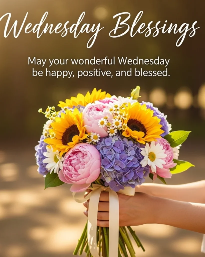 Wednesday blessings image with colorful flower bouquet and warm sunshine background