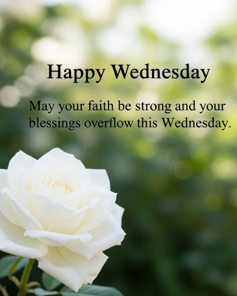 Happy Wednesday blessings image with white rose and golden sunrise background