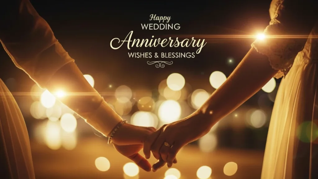 Blurred couple holding hands with soft glowing lights representing love, happy wedding anniversary wishes and blessings