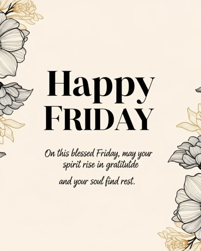 Elegant floral design on beige with happy Friday spiritual blessing for gratitude and soul rest