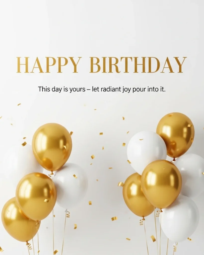 Beautiful happy birthday blessings image with gold and white balloons, golden confetti, and elegant serif text on white background