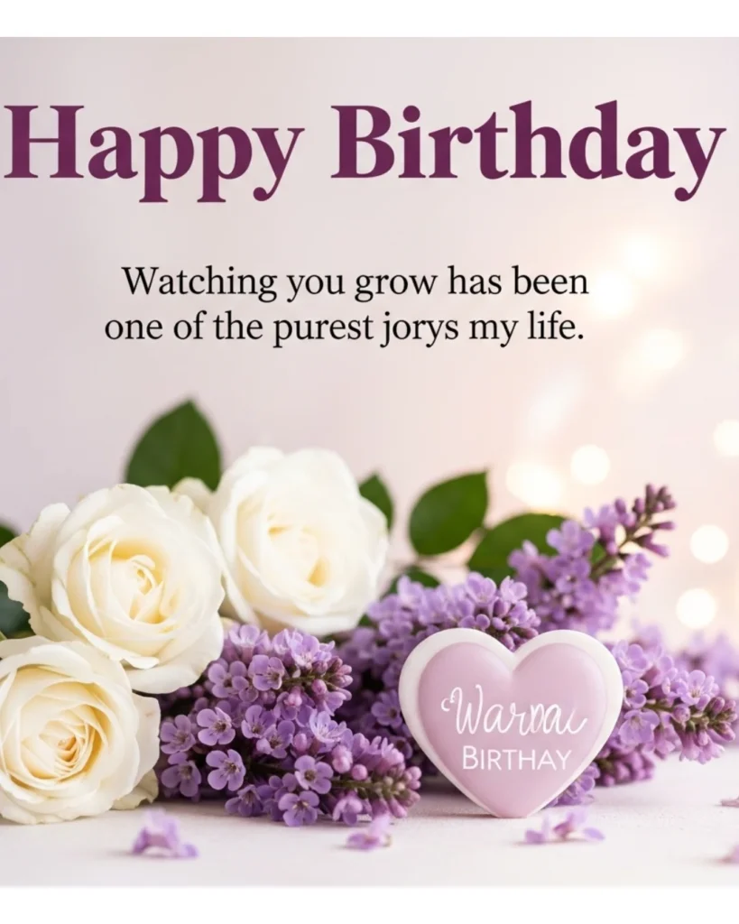 Birthday blessings for granddaughter image with white roses and purple lilac flowers with a small pink heart decoration on soft lavender bokeh background