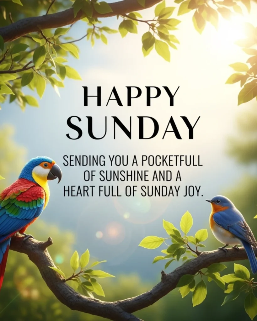 Cute happy Sunday blessing with colorful birds on branch and sunshine quote