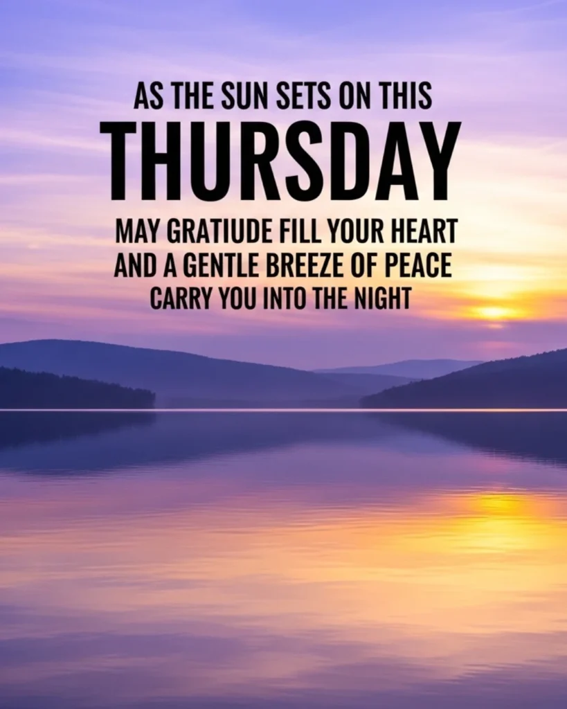A tranquil sunset over a calm lake with purple and gold clouds and a "Good Evening" gratitude blessing.