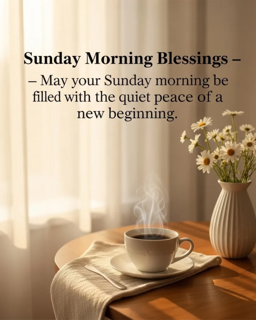 Good morning Sunday blessings quiet peace of a new beginning with coffee cup and daisy flower