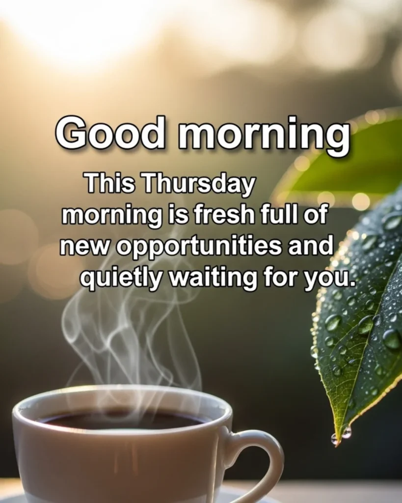 A warm morning scene with sunflowers and coffee under soft sunlight with a "Good Morning Thursday" blessing.