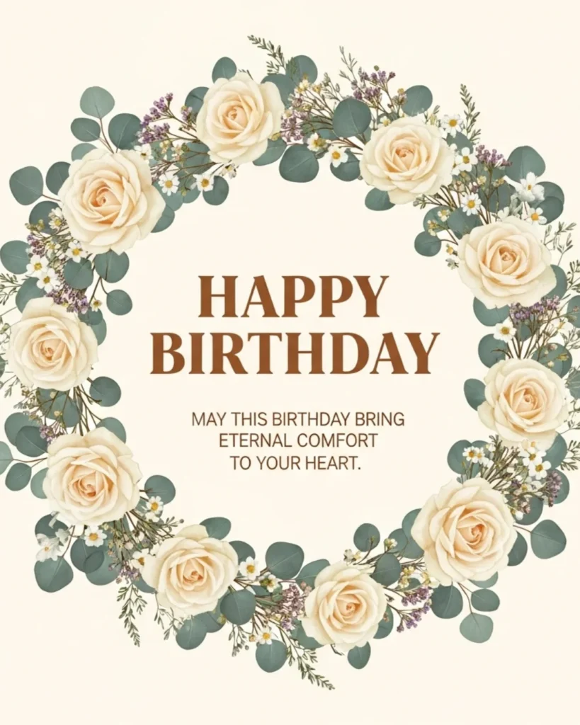 Happy birthday blessings and prayers image with a circular floral wreath of cream roses, eucalyptus leaves, and wildflowers on soft ivory background