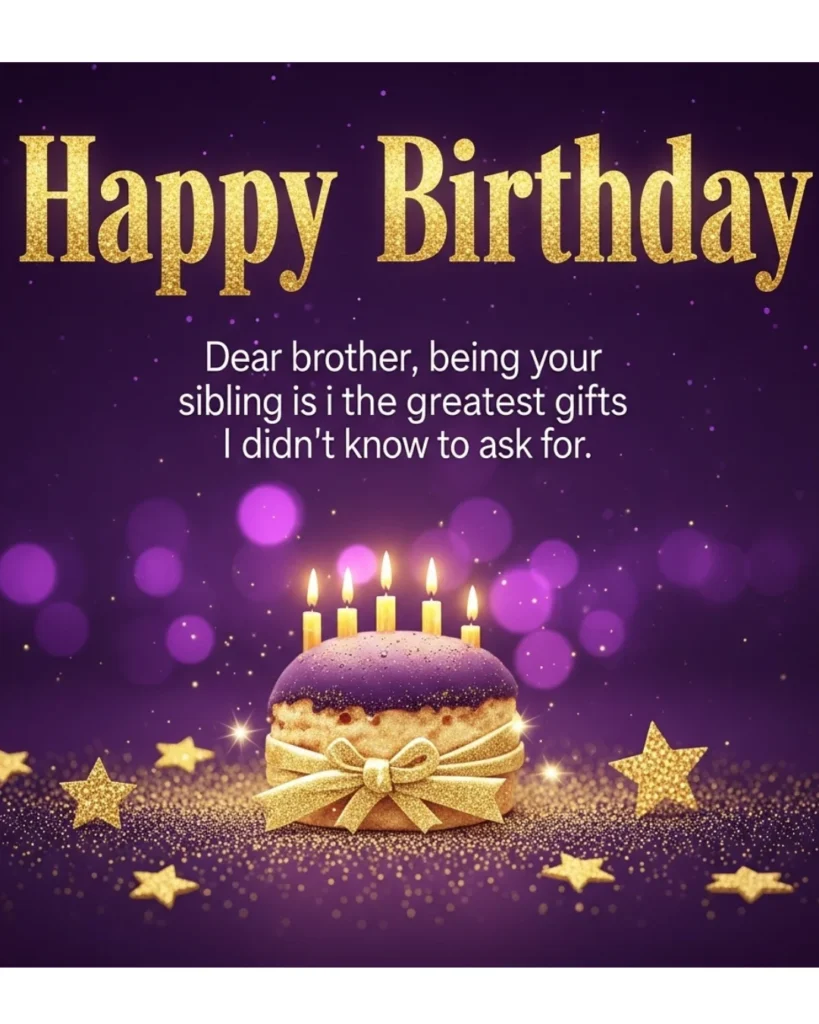 Happy birthday blessings for brother image with a purple birthday cake with gold candles, gold stars, and glitter on a deep purple bokeh background