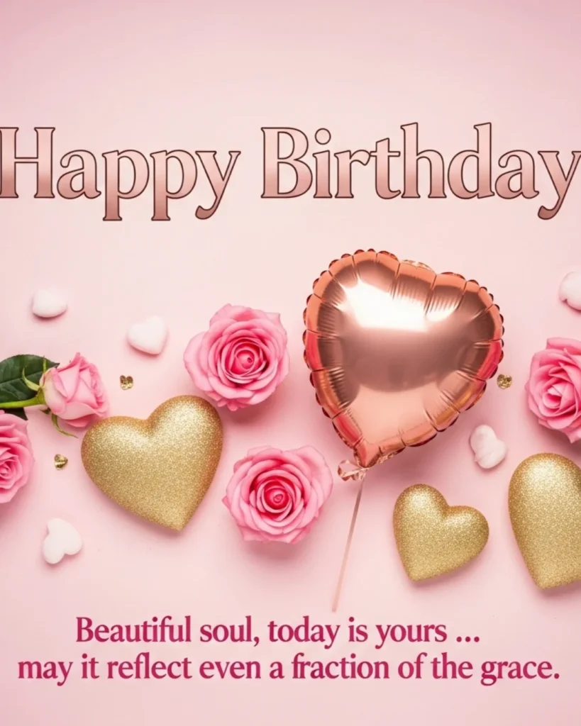 Happy birthday blessings for her image with pink roses, rose gold heart foil balloon, and gold glitter hearts arranged on a soft pink background