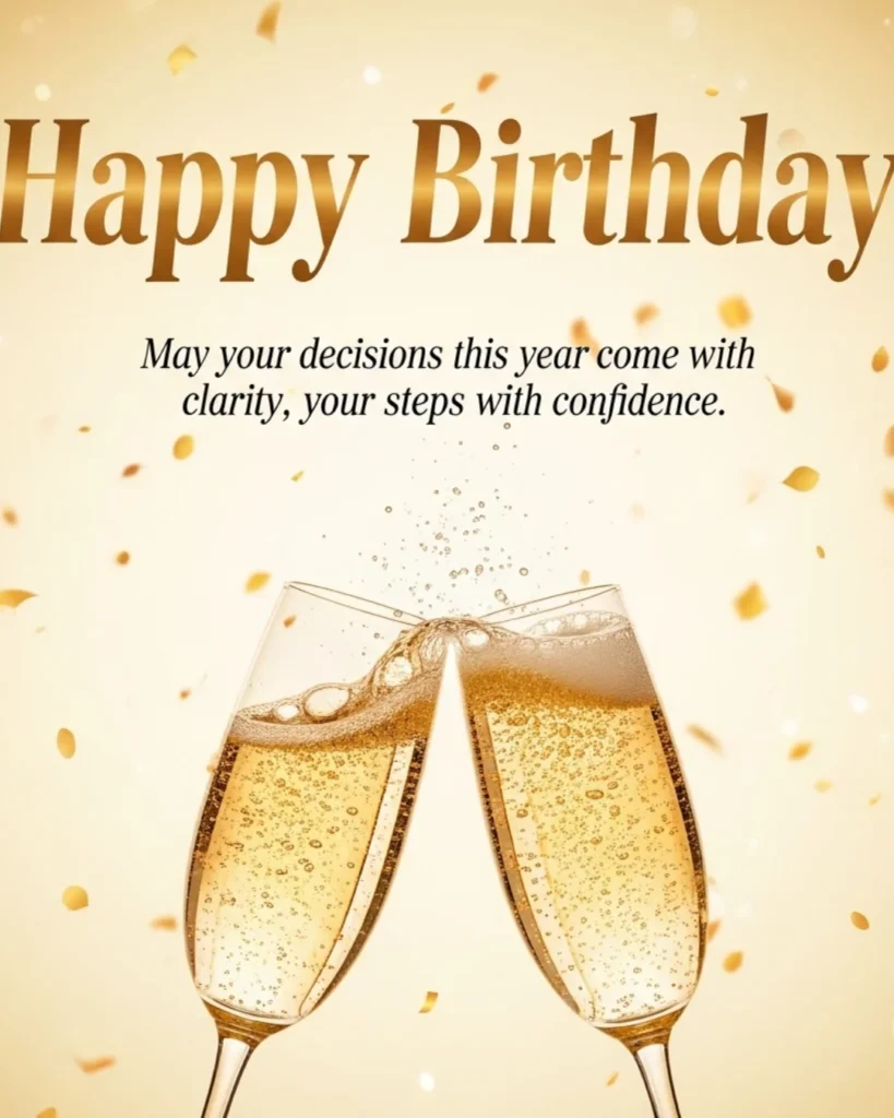 Happy birthday blessings for him image with two champagne glasses clinking with sparkling bubbles and gold confetti on warm golden cream background