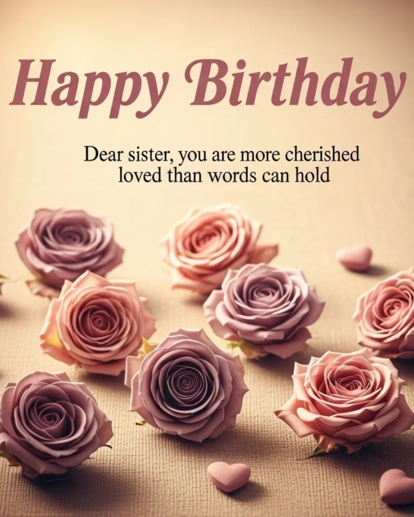 Happy birthday blessings for sister image with dusty pink and mauve roses scattered on a warm beige linen textured surface with small pink heart accents