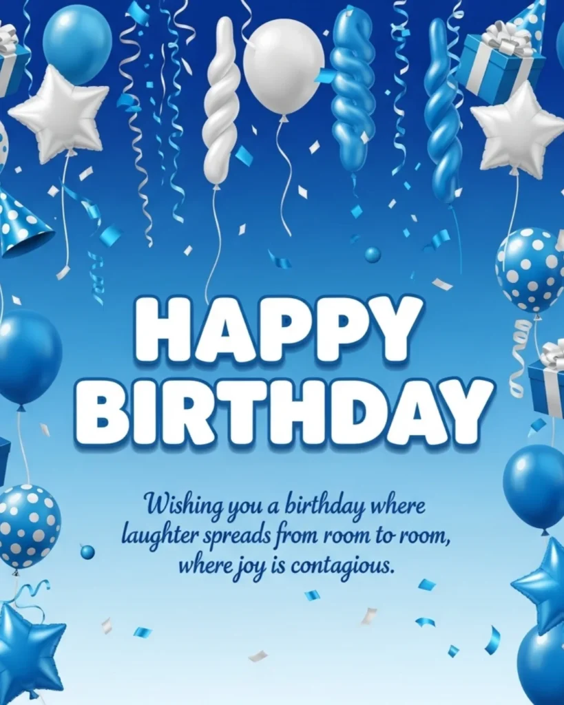 Alt Text: Happy birthday blessings image with blue and white balloons, star foil balloons, gift boxes, streamers and confetti on bright blue gradient background
Slug: happy-birthday-blessings-images-blue-balloons.jpg