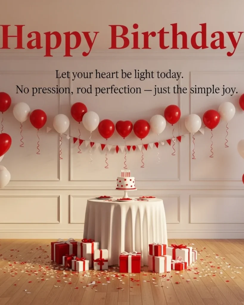 Alt Text: Happy birthday blessings image with a decorated party room featuring red and white heart balloons, garland, birthday cake on table, and red gift boxes on wooden floor
Slug: happy-birthday-blessings-images-red-party-room.jpg