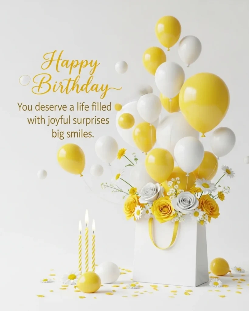 Happy birthday blessings image with yellow and white balloons floating above a white gift bag filled with yellow roses and daisies, with birthday candles on white background